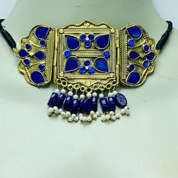 Blue Jewelry Set, Statement Choker Necklace With Earrings, Pearls Jewelry, - Picture 6 of 9